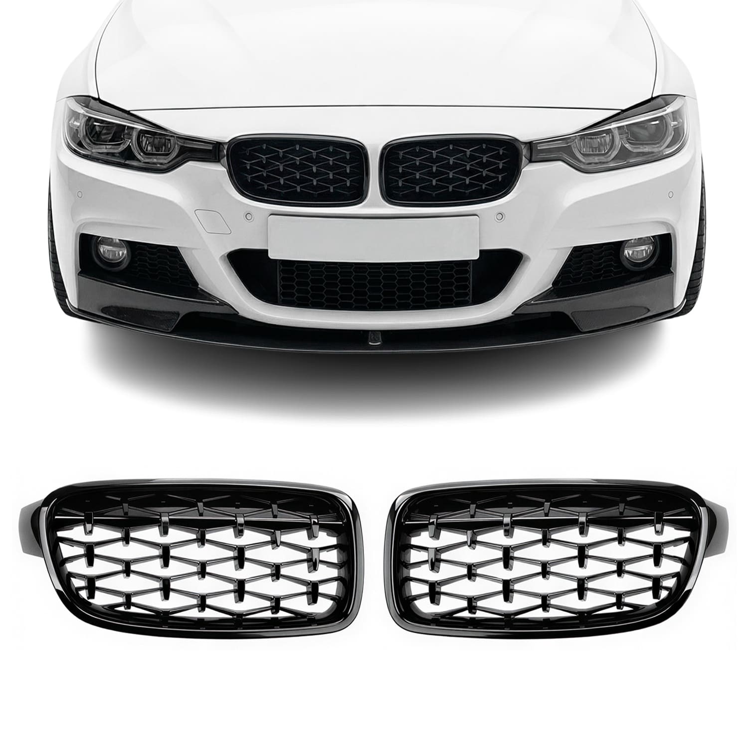 Diamond Front Kidney Grille set for BMW F30 / F31, glossy black