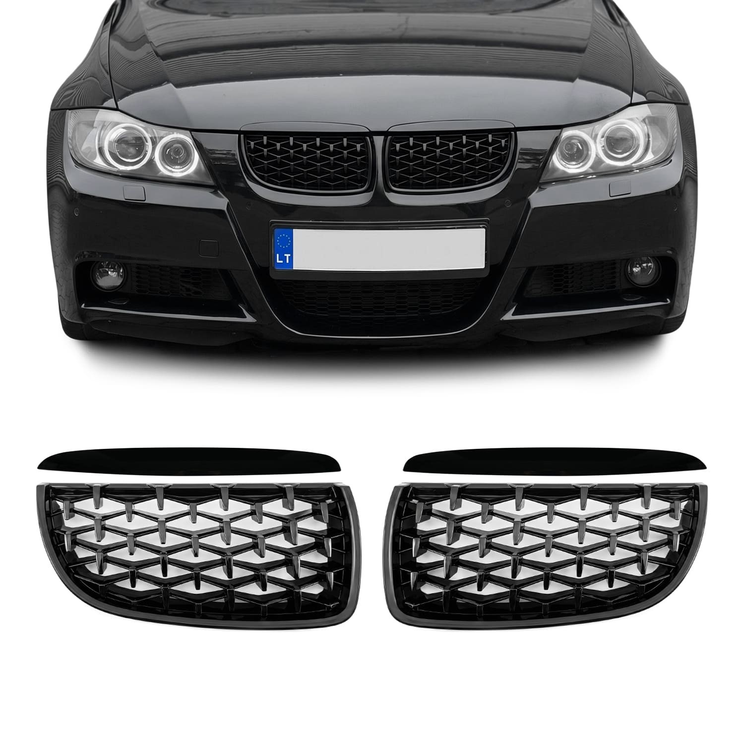 Diamond Front kidney Grille set for BMW E90 / E91 PRE-LCI (05-08), glossy black