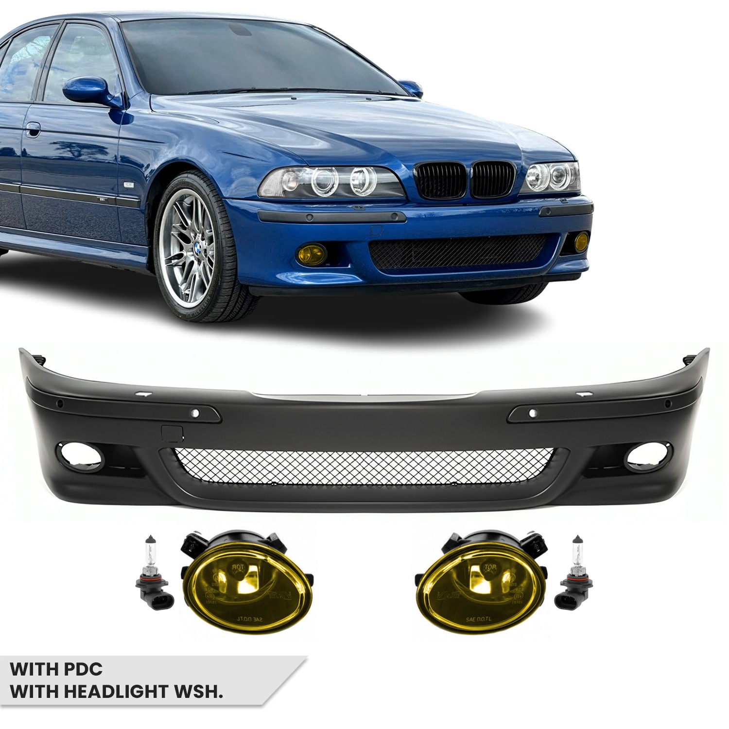 M Pack Front Bumper for BMW E39, with PDC and headlight washers, with yellow fog lights