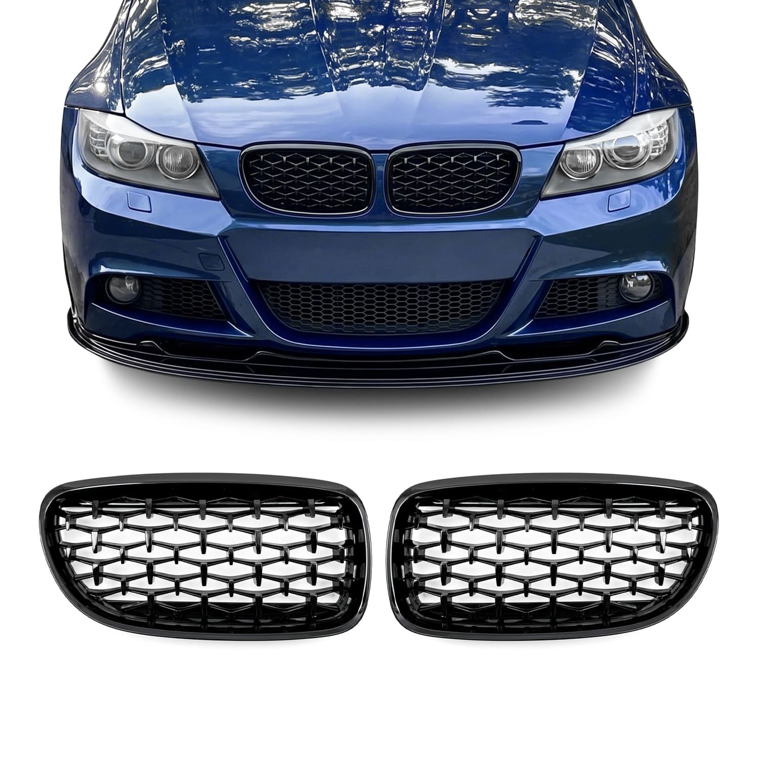 Diamond Front kidney Grille set for BMW E90 / E91 LCI (08-11), glossy black